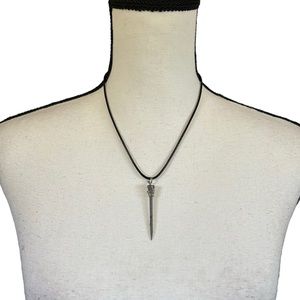 Gothic Wire Wrap Coffin Nail Necklace Silver Tone Black Vegan Leather Cord Goth